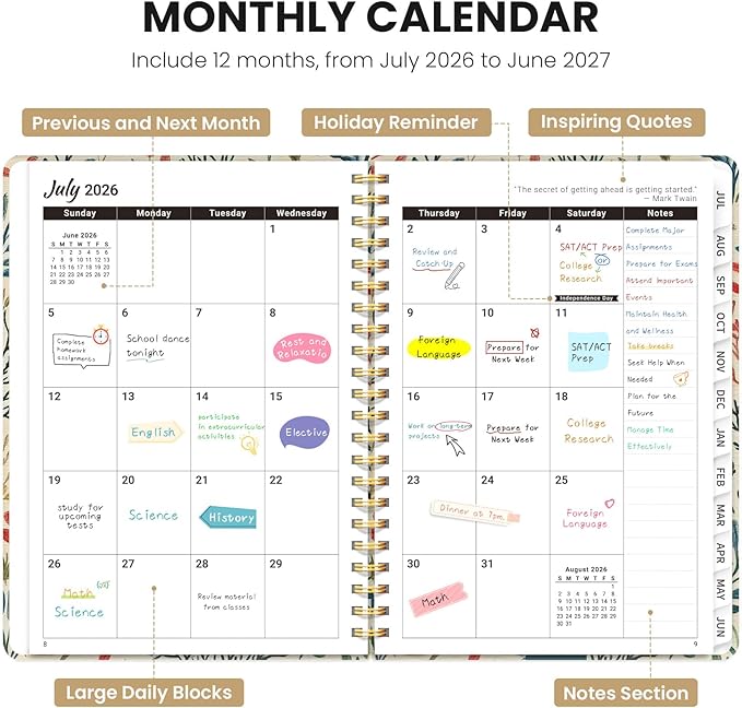 Planner 2026-2027, Monthly and Weekly Academic Planner July 2026 - June 2027, Hardcover Student Teacher Planning Agenda Calendar Book with Tabs, Perfect for Office School Supplies, A5 (6.3" x 8.5") - Herbs