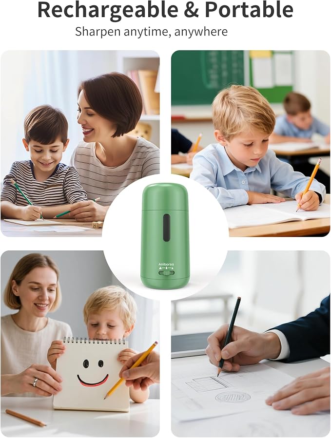 Rechargeable Electric Pencil Sharpener, Auto in & Out, Green