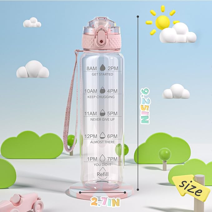 OLDLEY 17oz Kids Water Bottle, Tritan BPA-Free, Leakproof Flip Straw Lid, Motivational Time Marker, Carry Strap, Reusable Clear Water Bottle for Boys & Girls,Cherry Blossom