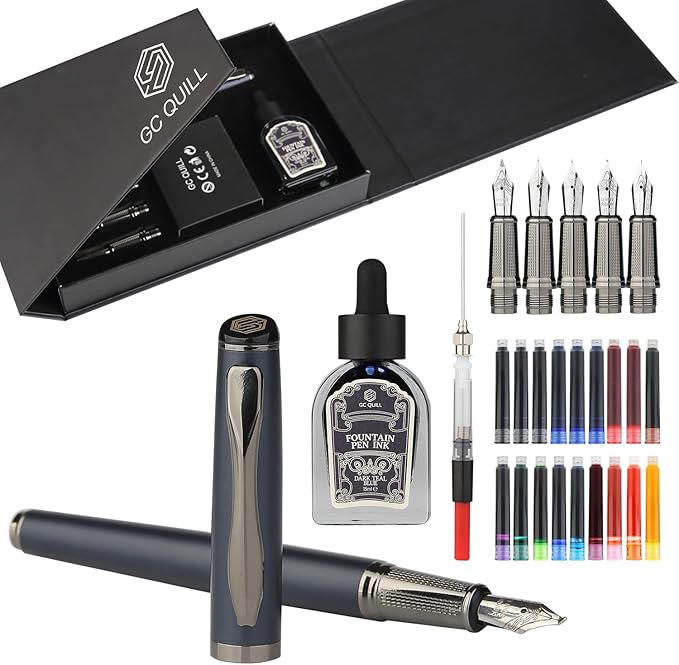 Calligraphy Fountain Pen Set - Includes 5 Nibs, Ink Bottle, Ink Refill Converter and 18 Cartridges, Fancy Pen for Women Men Gift - MU-25