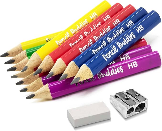 Short Jumbo Kids Pencils for Preschoolers, Kindergarten, Toddlers & Beginners - 12 Fat and 1 Sharpener Eraser, 2, Triangle Grip, Big (Multicolor), 14 Piece Set, 57352