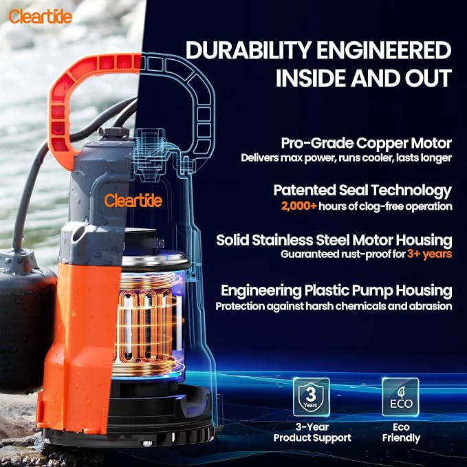 Submersible Utility Pump with Float Switch, 2160 GPH High Flow, Water Pump with Copper Motor, Ideal for Yard and Flooded Cellar, Hot Tub, Garden Irrigation