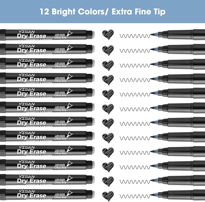 YISAN Black Dry Erase Markers Ultra Fine Tip,0.7mm Extra Fine Point, Whiteboard Markers with Eraser,Low Odor,70573
