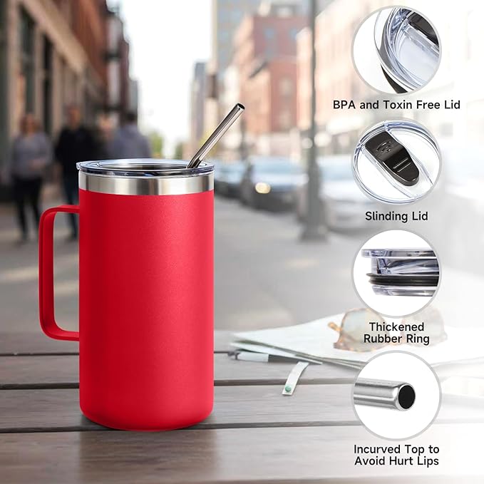 Volhoply 22oz Insulated Stainless Steel Coffee Mug with Leakproof Lid,Double Wall Vacuum Travel Coffee Cup with Handle,Reusable Metal Tumbler,Camping Mugs Keep Hot&Cold(Red,1)