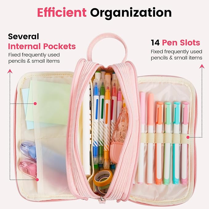 Sooez High Capacity Pencil Case, Soft Corduroy Pencil Pouch with 4 Compartments, Multiple Pockets, Large Pencil Bag with Sturdy Zipper, Cute Pencil Case Pouch Organizer for Student Teen Girls, Pink