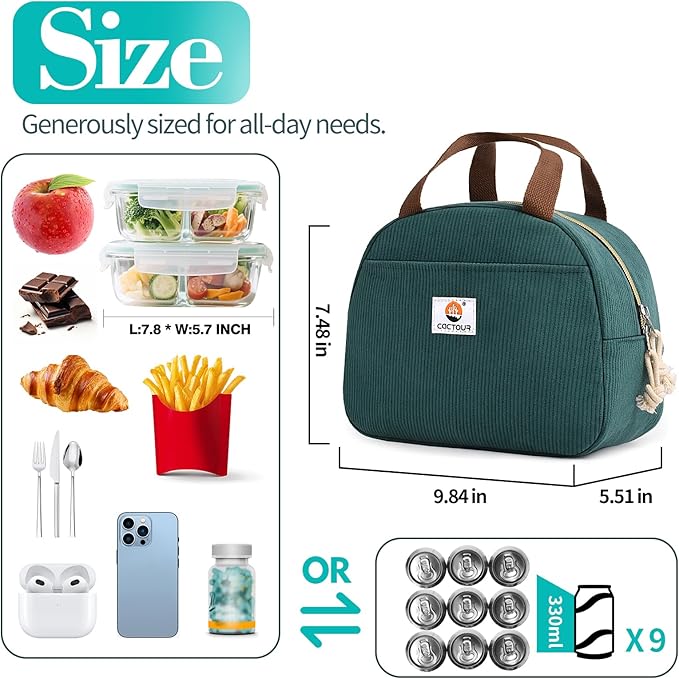 CaCTOUR Lunch Box Lunch Bag for Women Girls Teens, Cute Lunch Box Cooler Bag, Portable Small Insulated LunchBox Reusable Corduroy Lunch Tote for Work/Travel/Picnic/School (Lake Green)