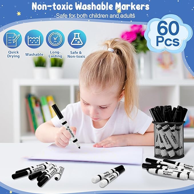 60 Pcs Black Washable Markers Bulk Coloring Broad Line Markers for Kids Conical Tip Black Drawing Pens for Classroom Back to School Travel Art Baby Shower Gender Reveal Supplies, Ages 6+