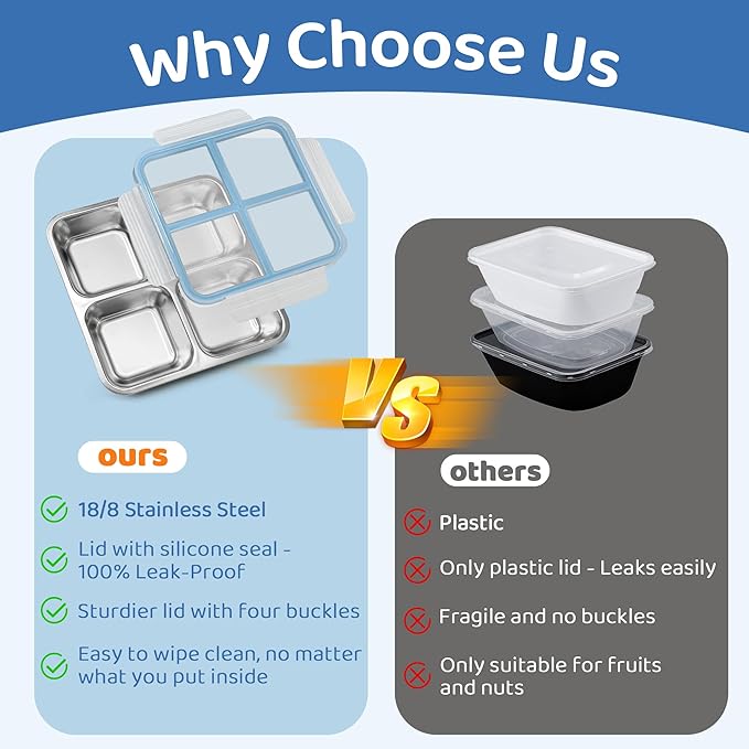 3 Pack Stainless Steel Reusable Snack Containers with Lids, 4 Compartment, Leakproof, 24.5 oz Food Storage & Meal Prep Containers, Bento Lunch Box for Adults,Men,Women(Blue)