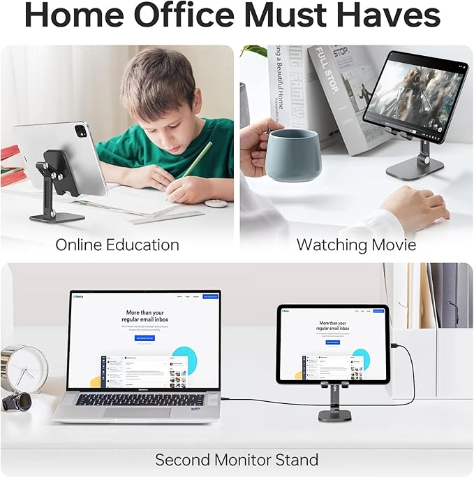 Foldable Phone Stand for Desk - Adjustable Height & Angle Cell Phone Holder, Portable Tablet Stand with Anti-Slip Base for Home, Office, and Travel, Compatible with iPhone & All 4-11" Devices (Black)
