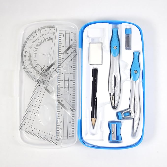 Marte Vanci Math Geometry Kit, 10 Pieces Geometry Set with Storage Box Student Supplies for Drawing, Includes Compasses, Pencil, Eraser, Rulers Protractor, Sharpener,Lead Refills(Blue)
