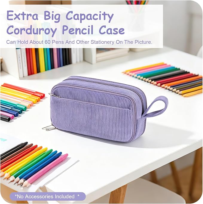 BuyCard Purple Large Capacity Corduroy Pencil Case, Casual Style, Cute Pencil Bag, Kawaii Stationery Storage and Organizer, Graduation Gift Office Stationery Storage Pen Pouch for Classroom Teacher
