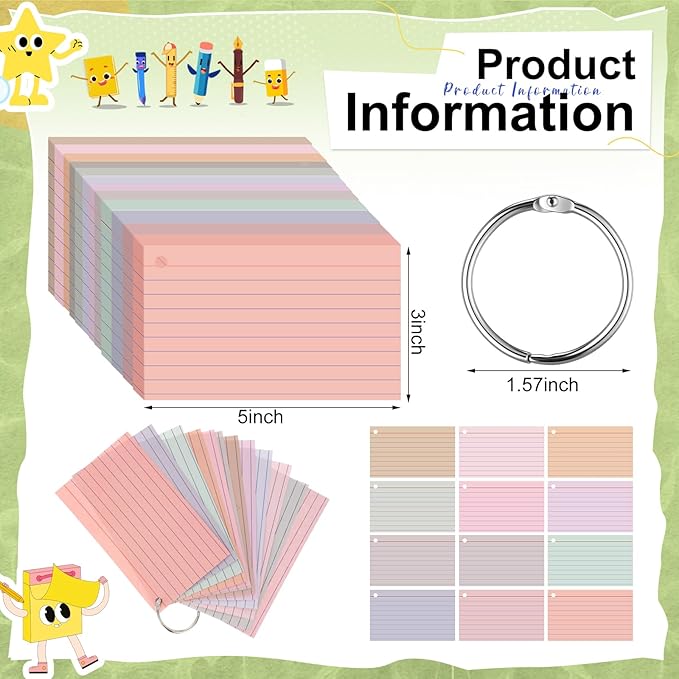 12 Pack Colored Index Cards with Key Ring 3 x 5 Inch 1800 Count Portable Flash Cards College Ruled Lined Flashcards Notepad Aesthetic Notecards for Note Taking Learning Office (Pastel Color)