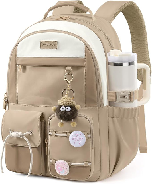 LOVEVOOK School Backpack for Girls Ages 8-16，Cute Student Bookbag for Teen Girls Kids Back to School with Cup Holder, DIY Ita Bag Fit 15.6 Inch Laptop for Elementary & Middle School