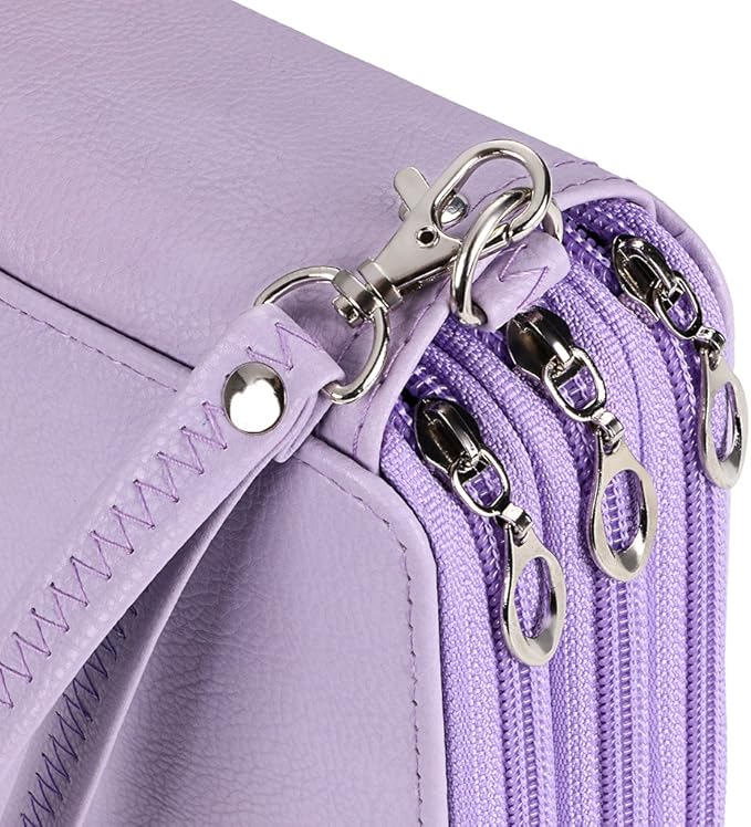 BTSKY Deluxe PU Leather Pencil Case For Colored Pencils - 120 Slot Pencil Holder with Handle Strap Handy Colored Pencil Box Large (Purple)