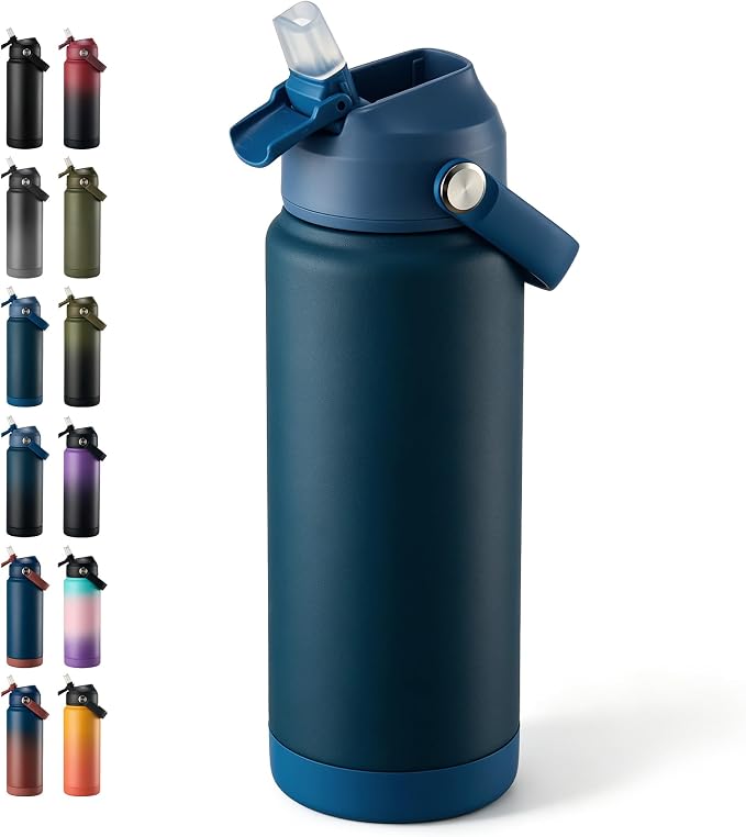 Fijinhom 24 oz Insulated Water Bottle with Straw Lid, Stainless Steel Water Bottles, Double Wall Vacuum, Portable Handle & Non-slip Bottom, BPA Free Leak Proof Metal Bottles, Keep Cold 24H, Dark Blue