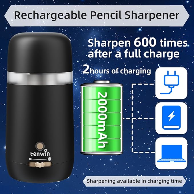 tenwin Fully Automatic Electric Pencil Sharpener for 7-12mm Pencils, Auto in&Eject, 3 Selectable Adjustable Pencil Nibs with Breathing Light (Black)
