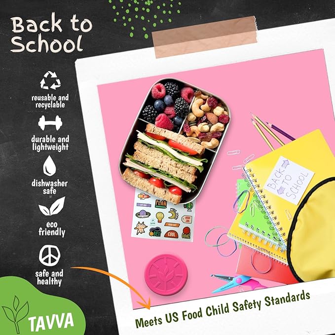 TAVVA 2-Container Lunch System Ages 6-9 - 27oz Organized Stainless Steel Bento Box for Kids with 100% Steel Lid (Dry Foods) + 1.7 Sealed Cup (All Wet Items) - Easy-Clean Design - Dishwasher Safe