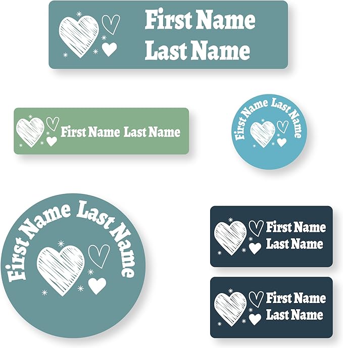 Personalized Kids Name Labels – Waterproof Custom Stickers for Daycare & School, Dishwasher & Laundry Safe (Heart-8)