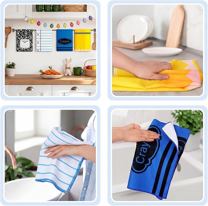 Frienda 4 Pcs Back to School Teacher Gift Kitchen Dish Towels 16x24'' First Day of School Classroom Decor Crayon Pencil Composition Notebook Decorative Hand Towel for Classroom Party Favor (Classic)