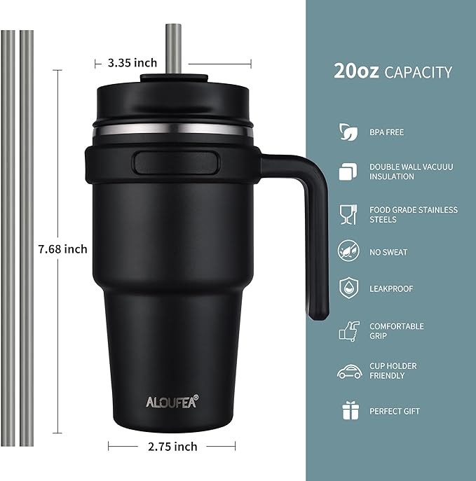 20 oz Insulated Coffee Mug Tumbler with Handle, Stainless Steel Travel Mug Tumbler with Lid and Straw, Double Wall Vacuum Leak Proof Ice Coffee Thermal Cup, Plum