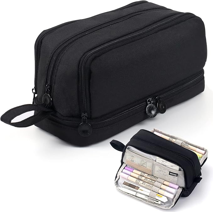MAMUNU Large Capacity Pencil Case 4 Compartments, Pencil Pouch Bag with Zipper Portable Handle, Pen Case Bag Stationery Organizer for Office College School Adults Teen Girls Boys Men Women, Black