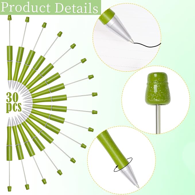 jiebor 30Pcs Green Beadable Pens Plastic Bead Ballpoint DIY Cute Cool Pens Black Ink for Women Men Bridal Graduation Gift Office Supplies