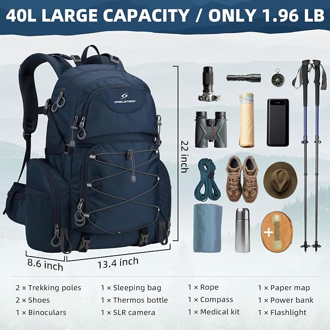 Maelstrom 40L Waterproof Hiking Backpack, Lightweight Travel Daypack | Rain Cover,Hydration-Ready, Tripod Straps, Load Compression, Survival Whistle, Perfect For Men, Women,Camping,Travel