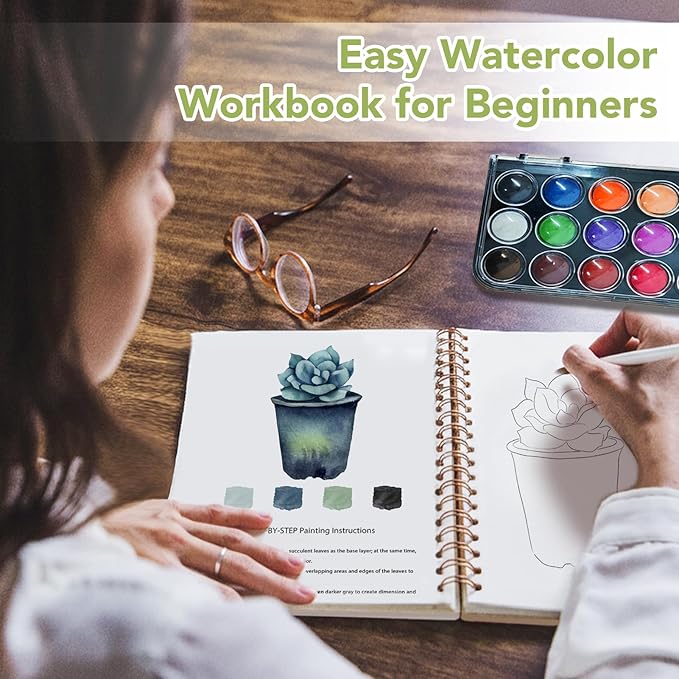 Easy Watercolor Workbook for Beginners - 12 Beautiful Step-by-Step Paintings Water Coloring Book, Includes 18 Colors Paints, Relaxing Art Projects and Creative Gift for Adults & Teen (Succulents)