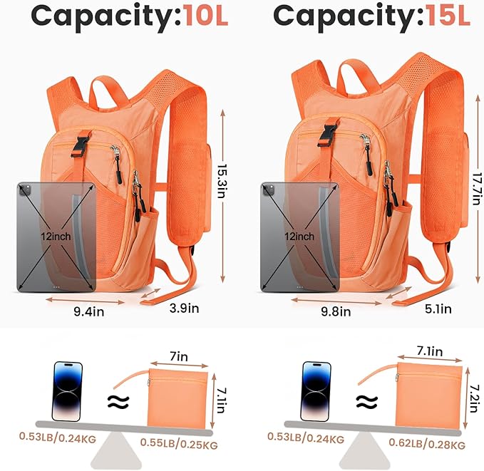 Small Hiking Backpack 10L - Lightweight Packable Foldable Backpack for Travel Camping Outdoor Commute, Compact Rucksack for Women Men(Orange)