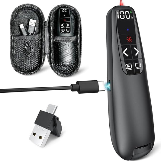 Rechargeable Presentation Clicker with Case, Power Digital Display Wireless Presenter Remote, USB C Red Light Pointer Computer PowerPoint PPT Clickers for Mac Laptop, Slideshow Google Slide Advancer