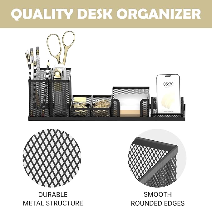 SUPEASY Pen Holder for Desk, 6 Piece Mesh Desk Organizer Set for Office Organization with Phone Holder, Sticky Notes Caddy Storage for Classroom, School (Black)