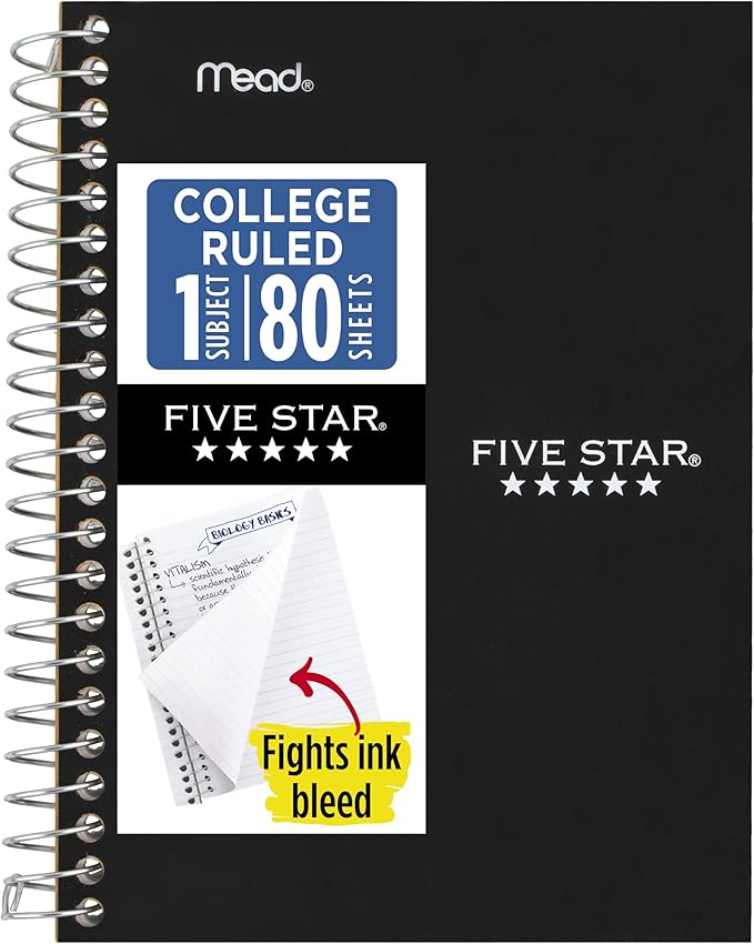 Five Star Spiral Notebook, 1 Subject, College Ruled Paper, 4-3/8" x 7", Personal Size, 80 Sheets, Fights Ink Bleed, Water Resistant Cover, Black (450048AA2-ECM)