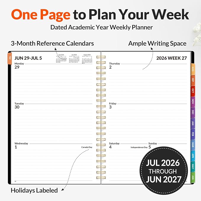 SUNEE Academic Planner 2026-2027 – Weekly & Monthly Planner, July 2026 to June 2027, 6.4"x8.3", Thick Paper, Tabs, Pockets, Bookmark, Spiral-Bound, Student Teacher Organizer, Black