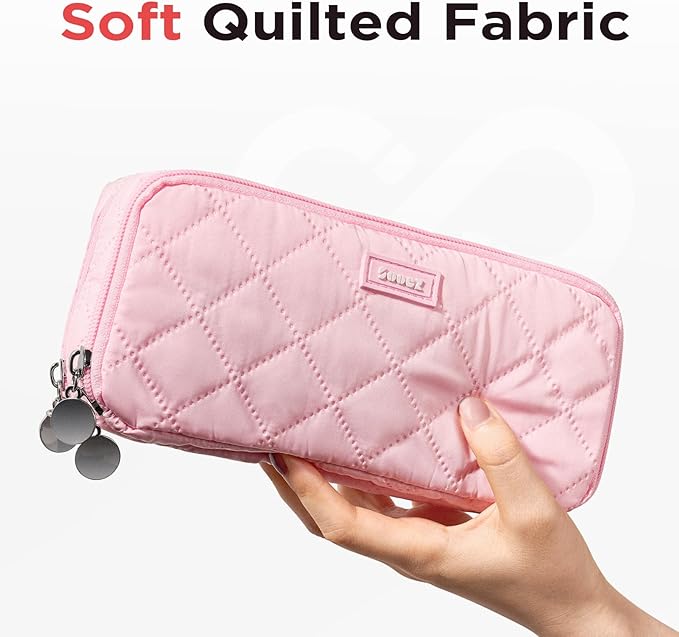 Sooez Large Pencil Case Pouch, Extra Big Pencil Bag with 8 Compartments, Pen Bag Wide Opening, Soft Quilted Pencil Pouch Organizer with Zipper, Portable Pencil Case for Teen Girls, Pink