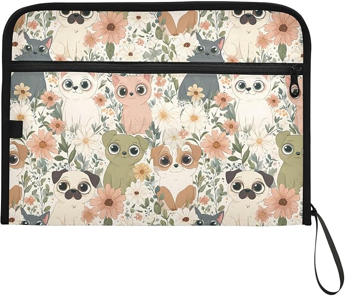 Cats Dogs Flowers Pattern 13 Pocket File Organizer Expanding File Folder with Front Pouch Portable Business File Storage Document Organizer Folder with Zipper