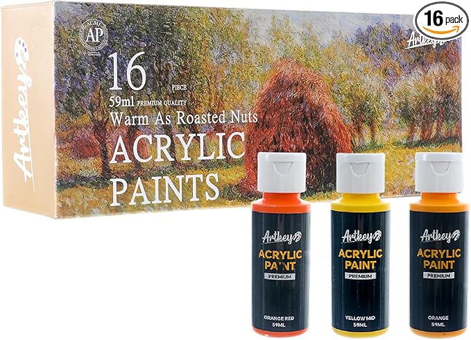 Artkey Acrylic Paint Set, 16 Colors 2 oz/59 ml Acrylic Paint Kit for Professional Artists & Beginners – Fall Warm Art & Craft Supplies for Canvas, Wood, Fabric, Rock, Leather, Ceramic, Glass