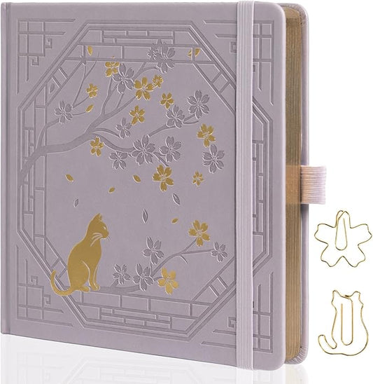 TIEFOSSI Square Dotted Journal, Cute Cat Journal for Women Girls, Dot Notebook with Pretty Sakura Pattern, Aesthetic Diary for Writing Journaling Drawing, Golden Edges, 8 x 8 IN