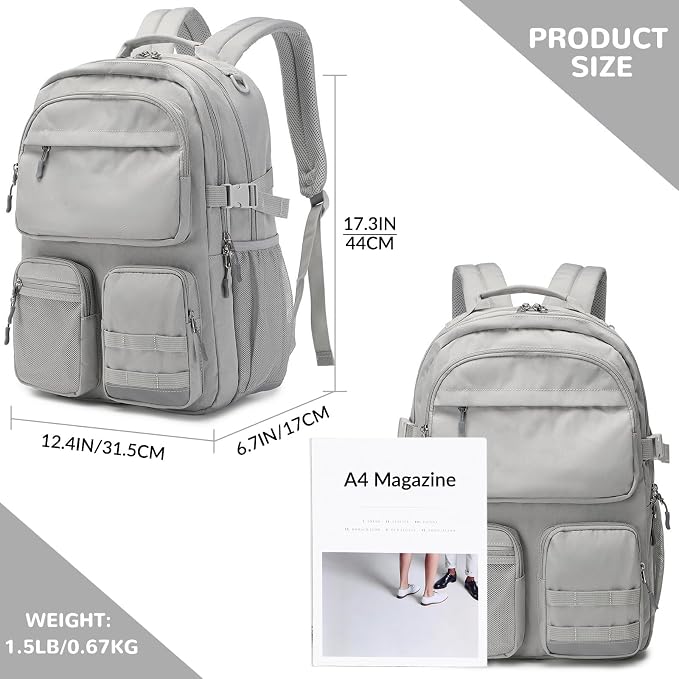 Lohol Water Resistant Backpack with Multifunctional Pockets for Teens, Durable Bookbag fits 15.6 inch Laptop for School Travel College, 25L (Grey)