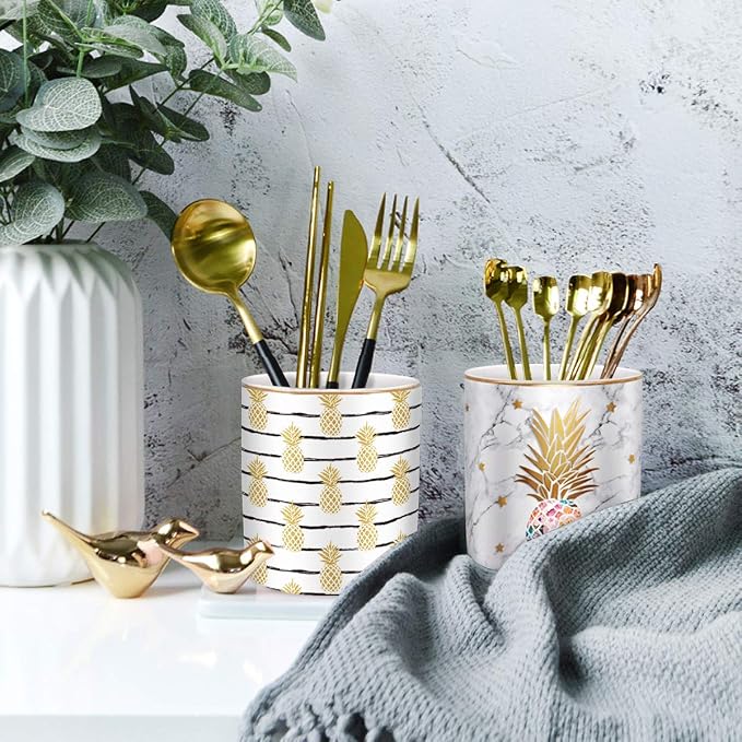 Cute Pineapple Pencil Holder for Desk, Large Capacity Colored Pen Cup Holder, Pretty Office Desk Accessories for Girls Women, Ceramic Workspace Organizers, Makeup Brush Holder for Home, Yellow