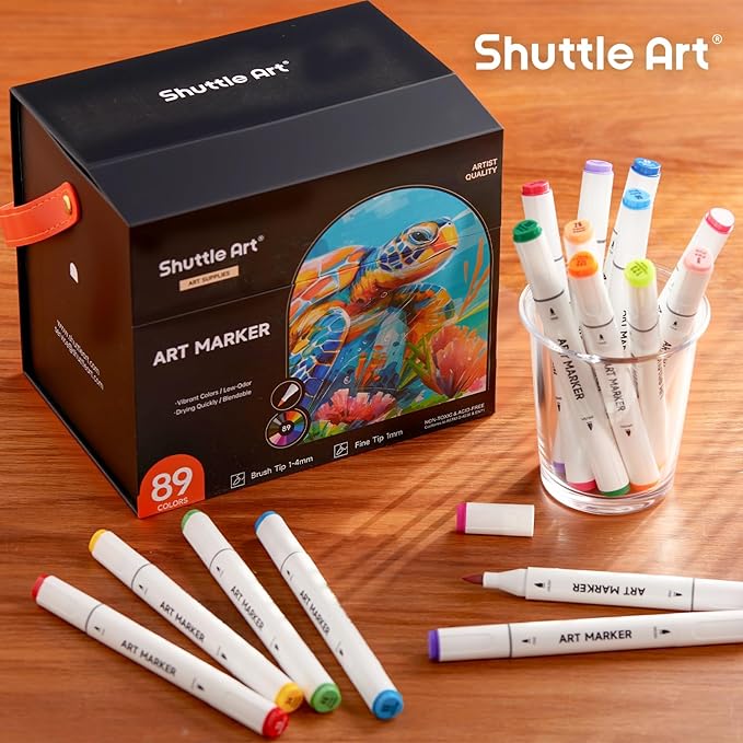 Shuttle Art Brush Tip Alcohol Markers, Dual Tip Brush & Fine Tip Art Marker Set, 89 Colors Marker Pens with Organized Case Perfect for Illustration Students Adults Coloring Sketching