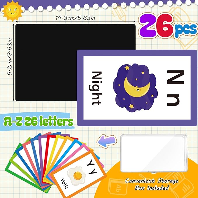 Epakh 26 Pcs Magnetic Alphabet Flash Cards with Storage Box 26 A - Z Letters for Kids, Preschool, ESL, Montessori Learning, Educational Gift for Toddlers, Classroom(Colorful)
