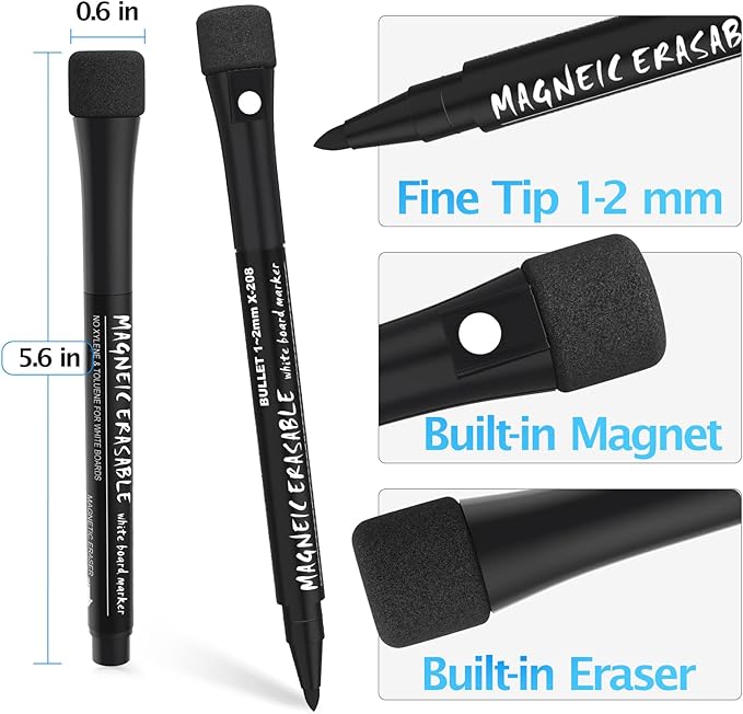 Magnetic Dry Erase Markers Fine Tip, 7 Colors (12 Pack) White Board Markers Dry Erase Marker with Eraser Cap, Low Odor Whiteboard Markers Thin Whiteboard Markers for Office Supplies