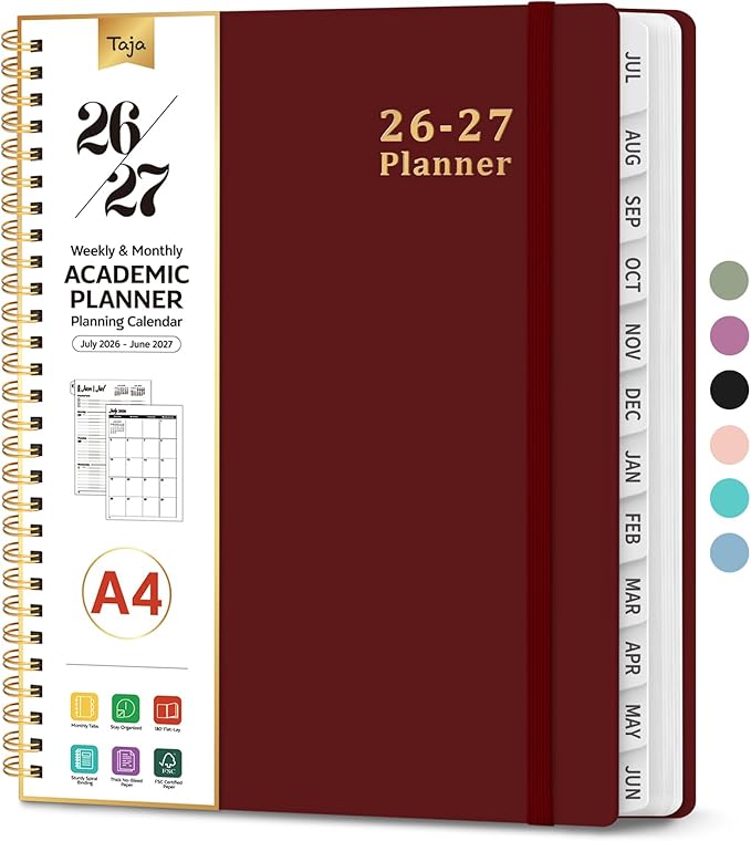 Planner 2026-2027, 8.5" x 11" Weekly and Monthly Academic Year Planner Calendar, July 2026 - June 2027, Hardcover Large School Planning Agenda With Tabs, Perfect for School & Office Supplies, A4, Burgundy