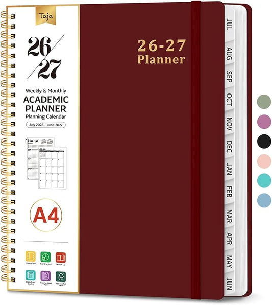 Planner 2026-2027, 8.5" x 11" Weekly and Monthly Academic Year Planner Calendar, July 2026 - June 2027, Hardcover Large School Planning Agenda With Tabs, Perfect for School & Office Supplies, A4, Burgundy