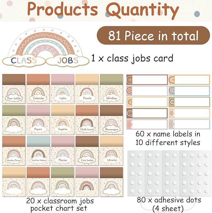 81 Piece Boho Rainbow Class Jobs Bulletin Board Boho Rainbow Themed Classroom Jobs Pocket Chart Set Teacher's Helper Chalkboard Decor Classroom Bulletin Board Set Wall Decoration for Back to School
