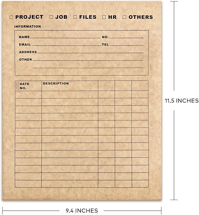 Heavy-Duty Kraft File Folders - 2-Pocket Pre-Printed Multi-Purpose Organizer with Fill-in Blanks & 5-Column Tracking Log | Job/Project/HR/Files | 9.4"x11.5" Pack of 4