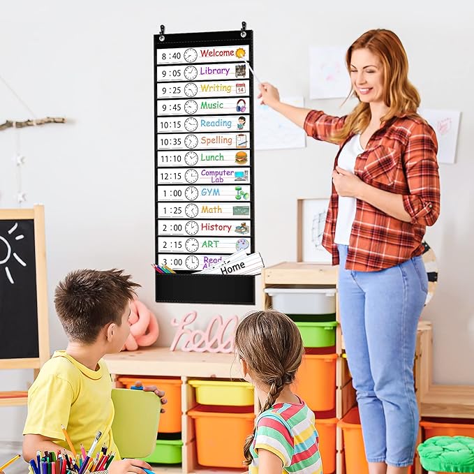 AKAYOK Daily Schedule Pocket Chart — 13+1 Pocket Visual Schedule for Kids, Includes 18 Double-Sided Blank Reusable Dry-Erase Cards, Daily Planner with Hourly Schedule for Classroom, Office, Home, School Activities (Black)