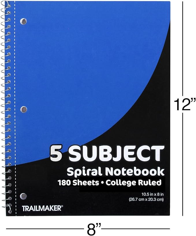 Trail maker (20 Pack) Bulk 5 Subject Notebooks College Ruled | 5 Subject Spiral Notebooks Bulk for School Kids, Students, Offices with Dividers