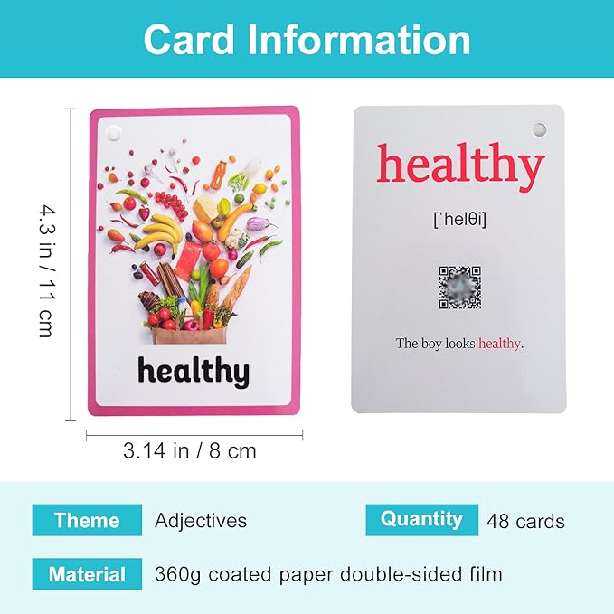 Lilias Adjectives Flash Cards, Toddler Learning Toys, Preschool Learning Toys, Homeschool Supplies, Learning Supplies for Kindergarten, 4.3 X 3.14 Inch, 48 Cards in Set