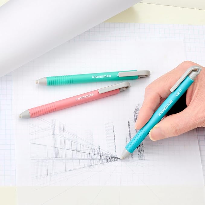 STAEDTLER Vinyl Eraser Holder 3-Pack, Retractable Precision Erasers for Pencils, Soft Latex-Free Vinyl, Smudge-Free Clean Erasing for Drawing, Drafting, School & Office Use